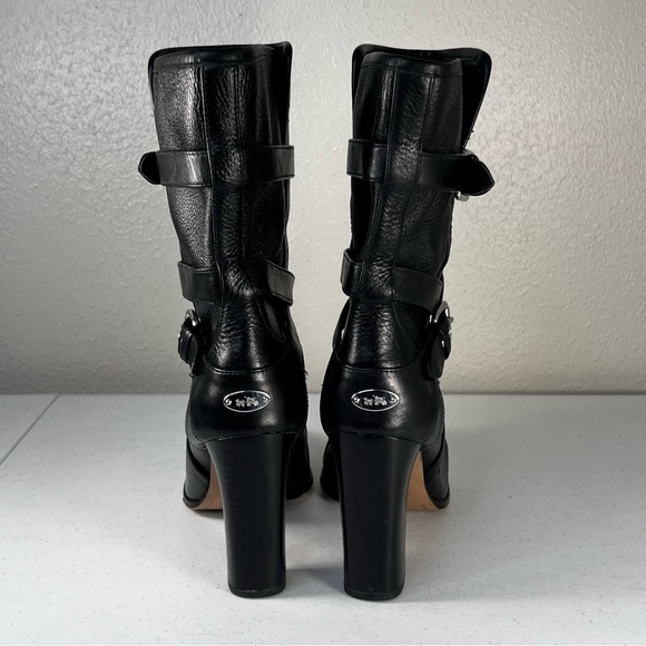 Coach Womens 9 Alexandra Black Leather Mid Calf Heeled Boots Buckle Booties - Picture 5 of 13